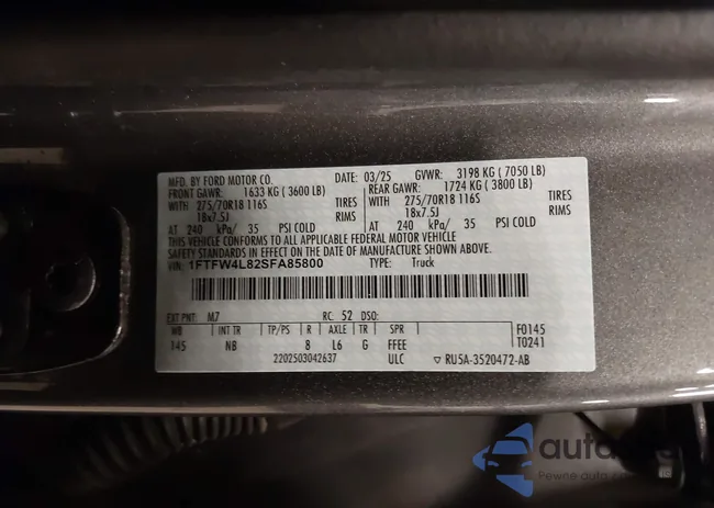 1FTFW4L82SFA85800: 44231739