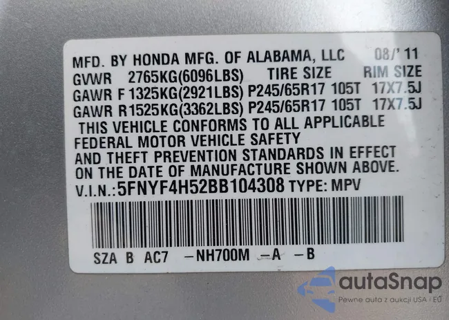 5FNYF4H52BB104308: 44232214