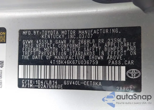 4T1BK46K67U036759: 44233398