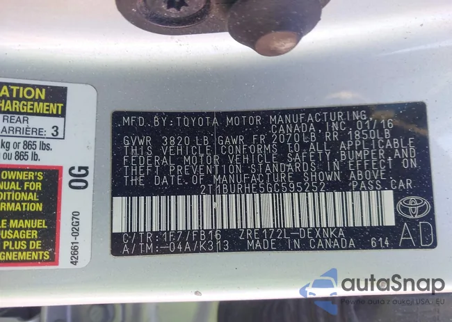 2T1BURHE5GC595252: 44234733