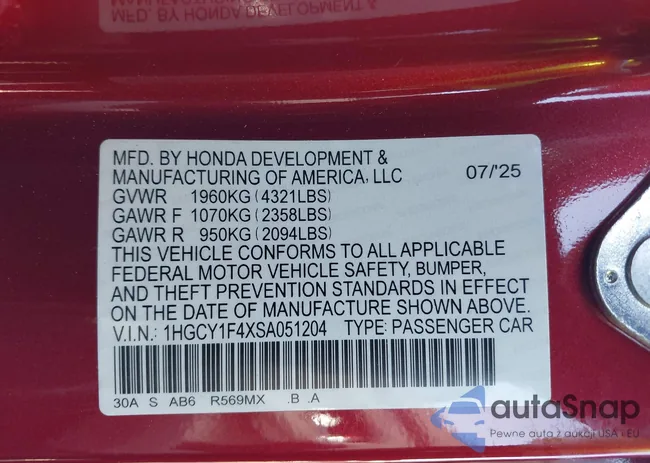 1HGCY1F4XSA051204: 44234811