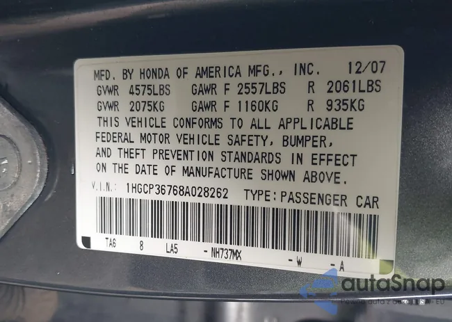 1HGCP36768A028262: 44235621