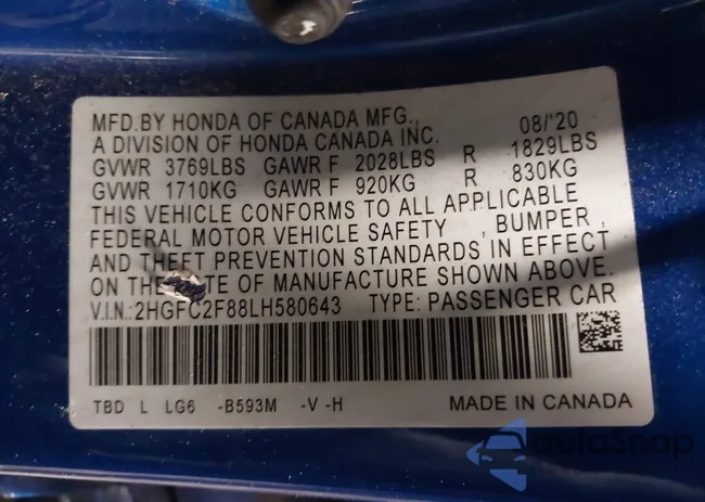 2HGFC2F88LH580643: 44243839