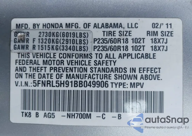 5FNRL5H91BB049906: 44244280