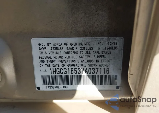 1HGCG1653YA037116: 44244032