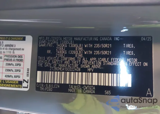 2T2BCMEA1SC022408: 44245540