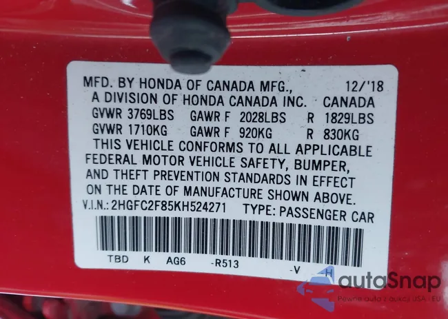 2HGFC2F85KH524271: 44246730