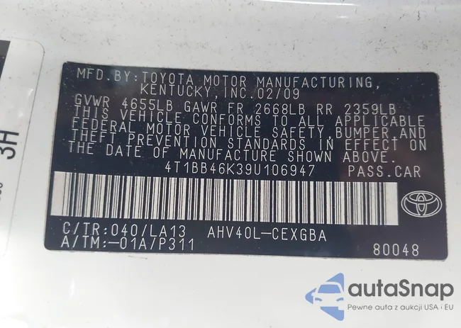 4T1BB46K39U106947: 44246847