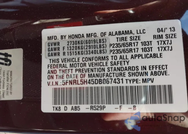 5FNRL5H45DB067431: 44249892