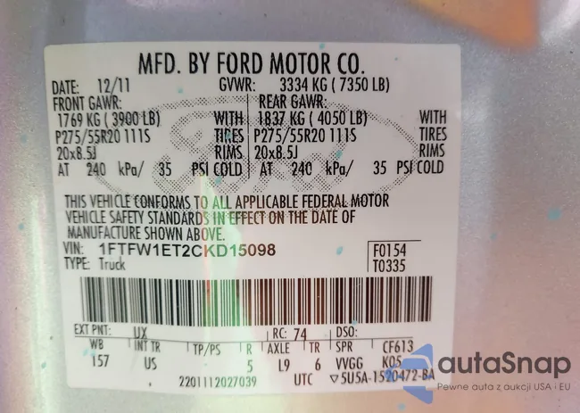 1FTFW1ET2CKD15098: 44256212