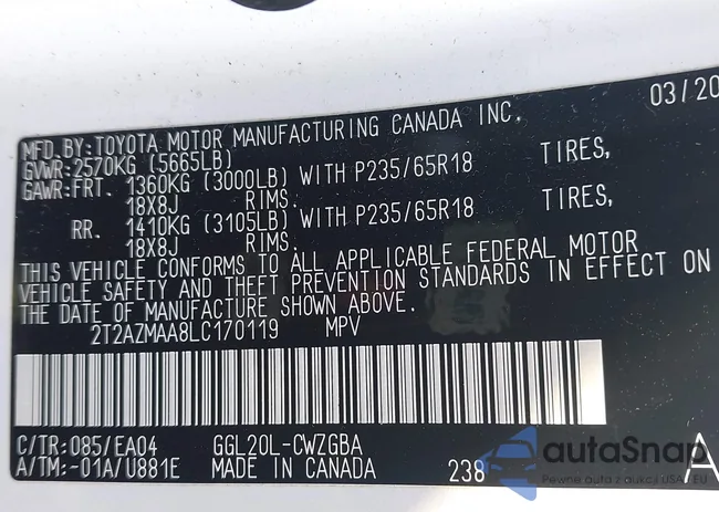 2T2AZMAA8LC170119: 44257987