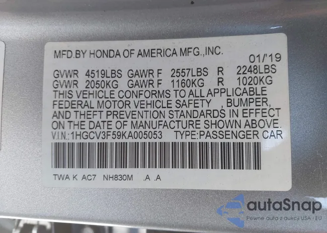 1HGCV3F59KA005053: 44261244