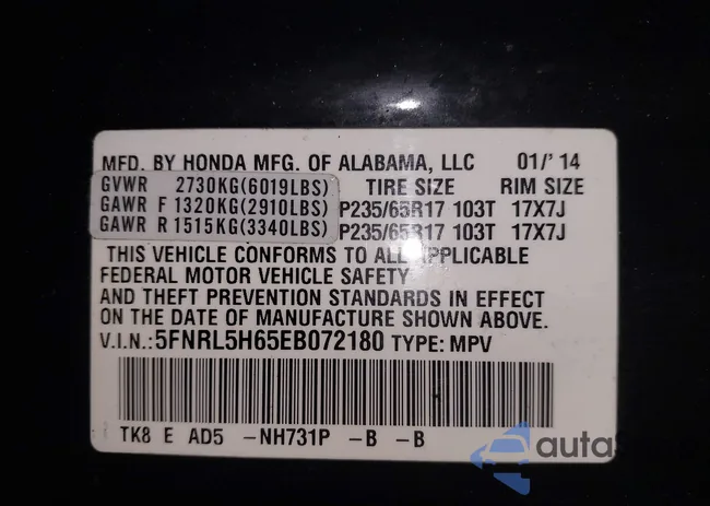 5FNRL5H65EB072180: 44261350