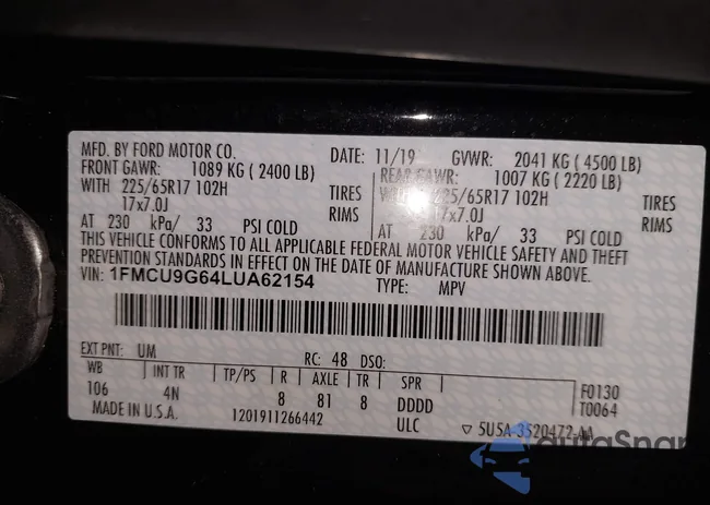 1FMCU9G64LUA62154: 44261556