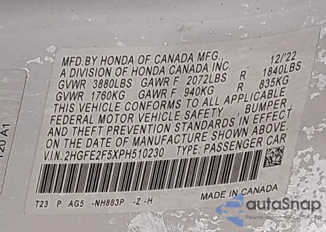 2HGFE2F5XPH510230: 44261630