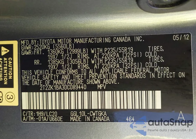 2T2ZK1BA3DC089440: 44273060