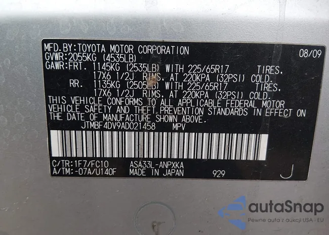 JTMBF4DV9AD021458: 44277425