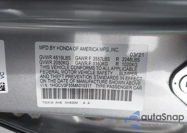 1HGCV3F55MA010317: 44281238