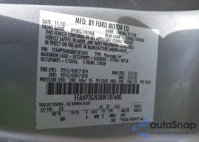 1FAHP3GN3BW187600: 44281576