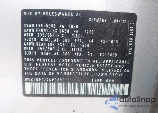 WVGJNPE27NP069318: 44283165