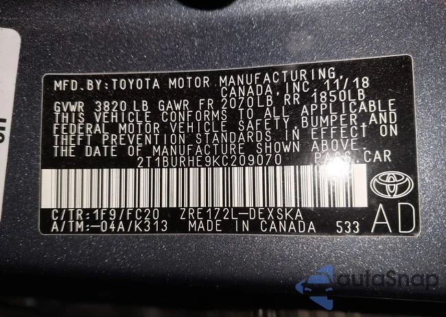 2T1BURHE9KC209070: 44283745