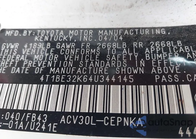 4T1BE32K64U344145: 44283762