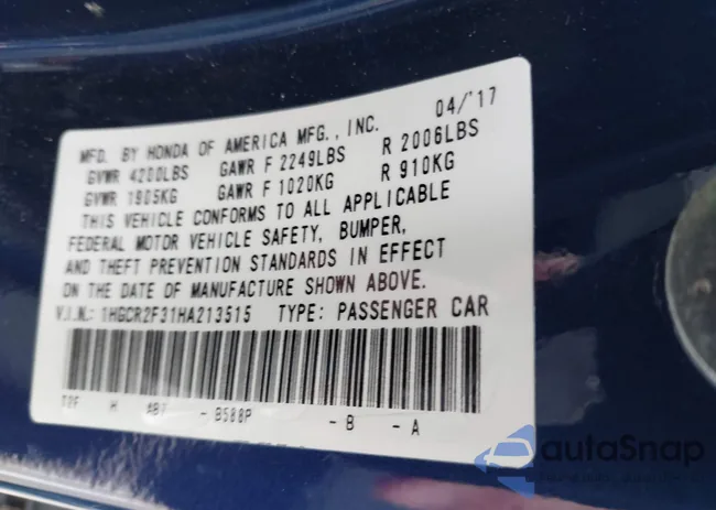 1HGCR2F31HA213515: 44285088