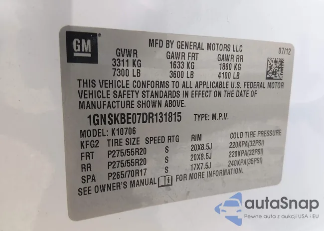 1GNSKBE07DR131815: 44285573