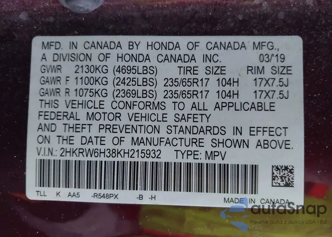 2HKRW6H38KH215932: 44285787