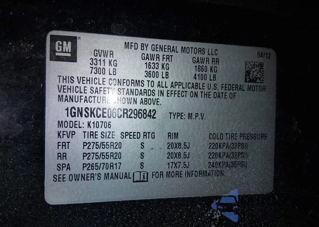 1GNSKCE06CR296842: 44287370