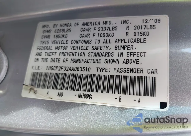 1HGCP2F32AA063510: 44287468