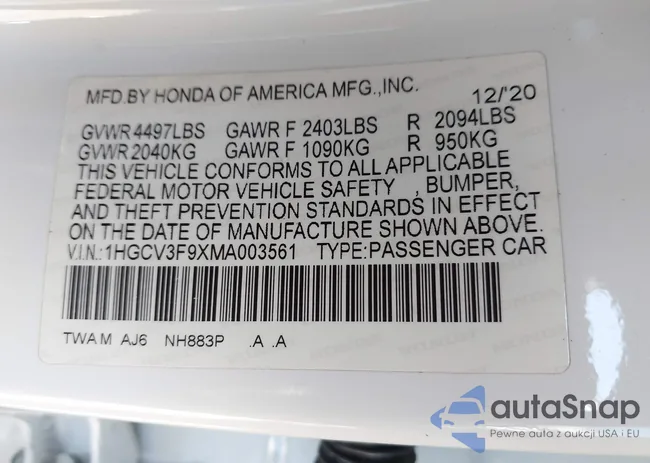 1HGCV3F9XMA003561: 44288917