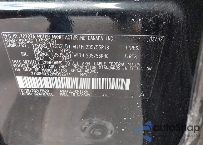 2T3NFREV2HW392614: 44289019