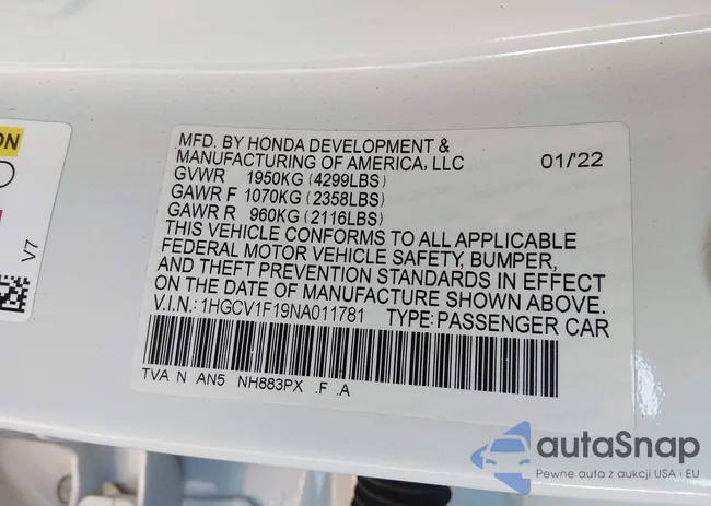 1HGCV1F19NA011781: 44290432