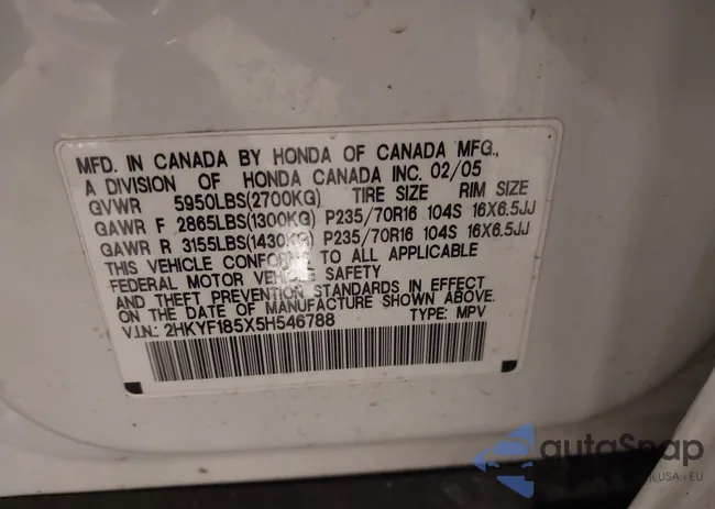 2HKYF185X5H546788: 44291045