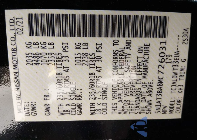 5N1AT3BA8MC726031: 44293109