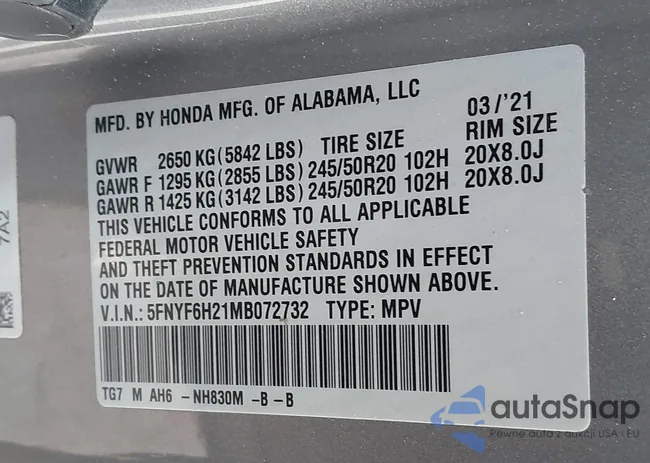 5FNYF6H21MB072732: 44293352