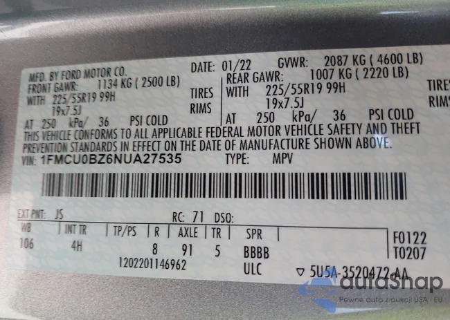 1FMCU0BZ6NUA27535: 44292936