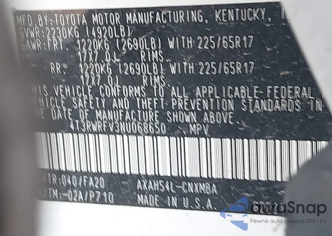 4T3RWRFV3NU068650: 44294600