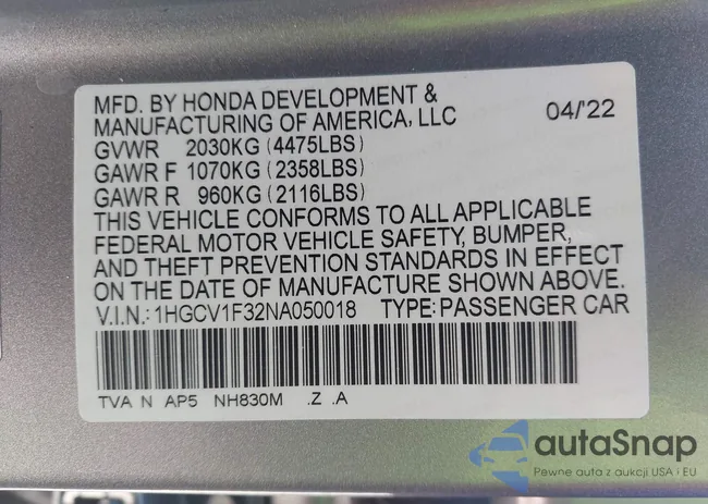 1HGCV1F32NA050018: 44295076