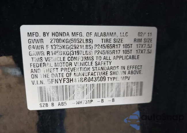 5FNYF3H41BB043809: 44295814