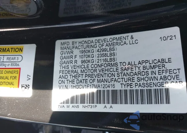 1HGCV1F17MA120416: 44297471