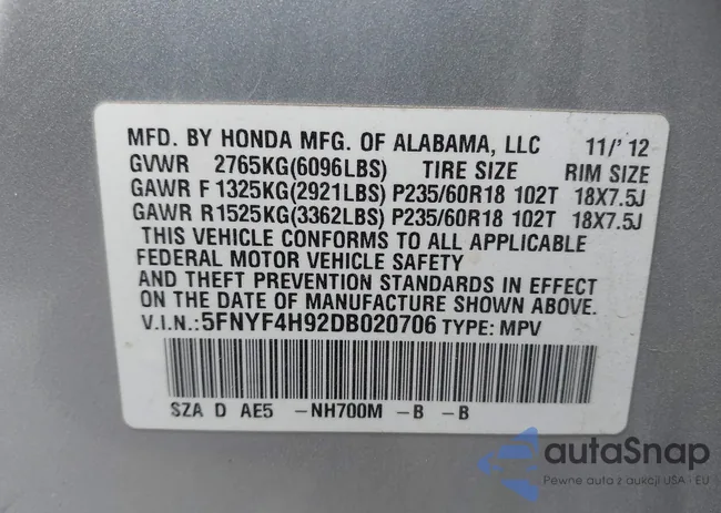 5FNYF4H92DB020706: 44296627