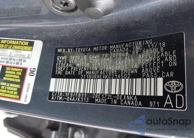 2T1BURHE4KC214502: 44302072