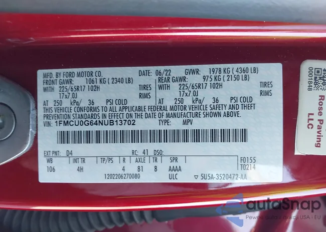 1FMCU0G64NUB13702: 44302247