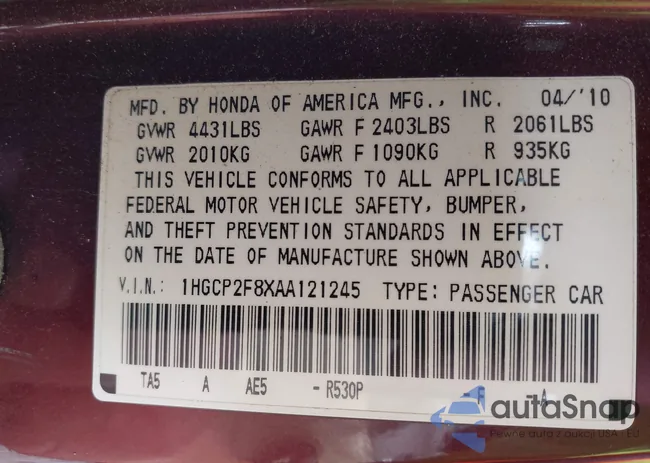 1HGCP2F8XAA121245: 44303436