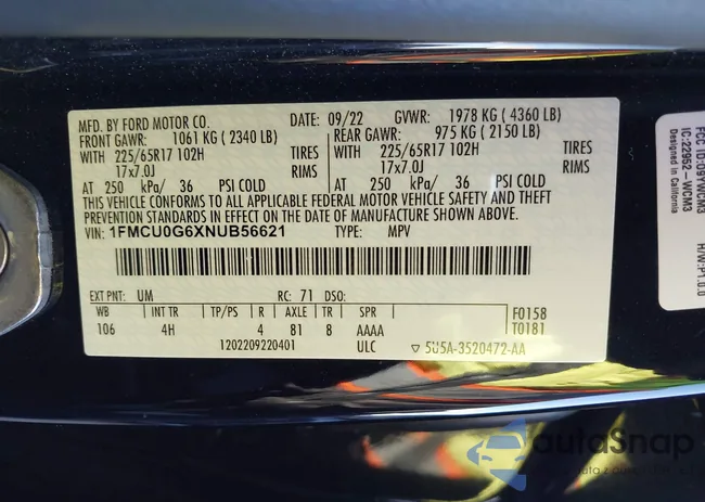 1FMCU0G6XNUB56621: 44304817