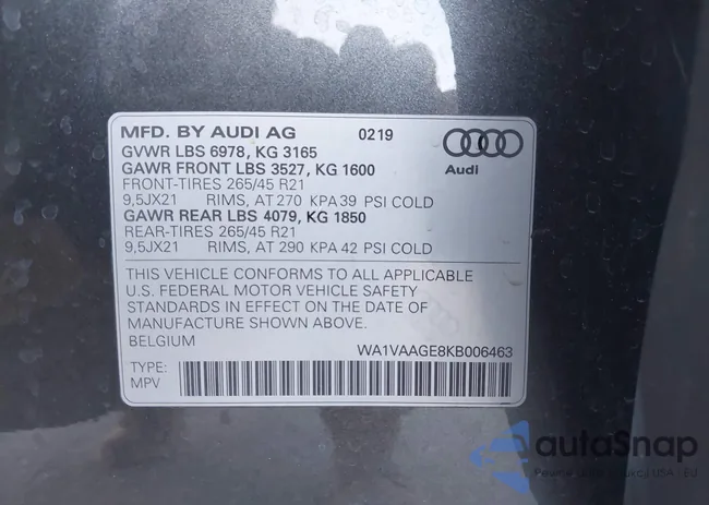 WA1VAAGE8KB006463: 44307042