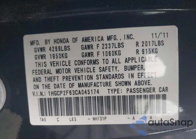 1HGCP2F63CA045174: 44307262