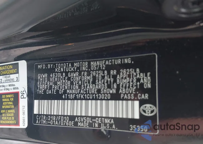 4T1BF1FK1CU113020: 44307332